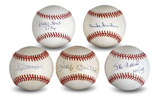 Lot of (5) HOF Single-Signed Baseballs Including Mantle and DiMaggio